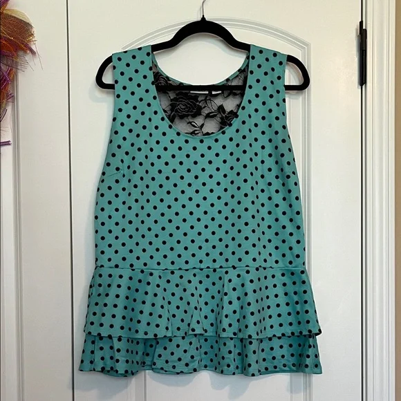 Cato Teal Polka Dot Peplum Top XL Lace Back Ruffle Hem Sleeveless Blouse - Picture 2 of 4